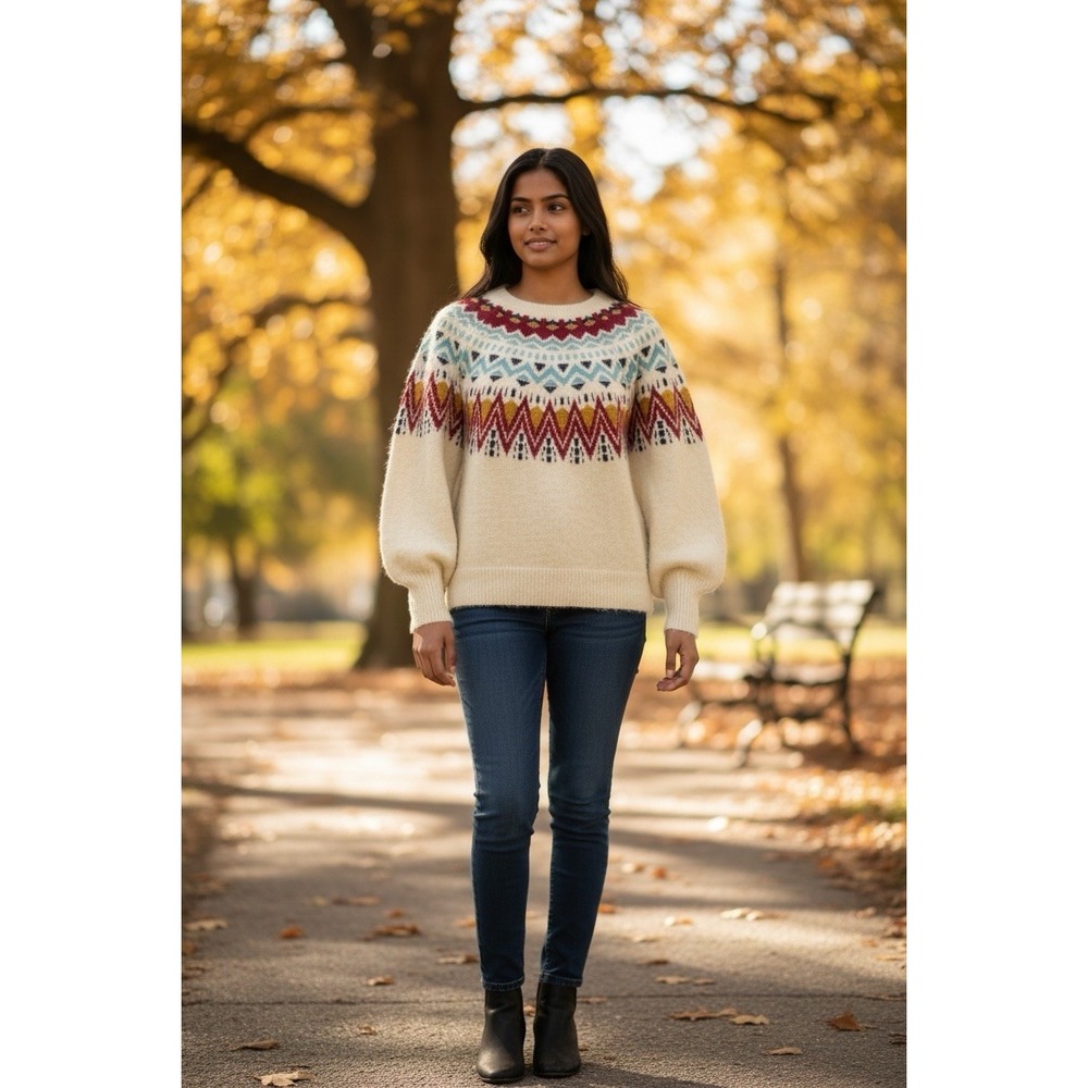 Fair Isle Sweater Size Medium Boho Country Oversized Cozy Knit Cream Multicolor